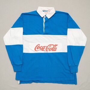 Vintage 80s Blue White Coca Cola Medium Long Sleeve Polo Shirt Rugby Style
